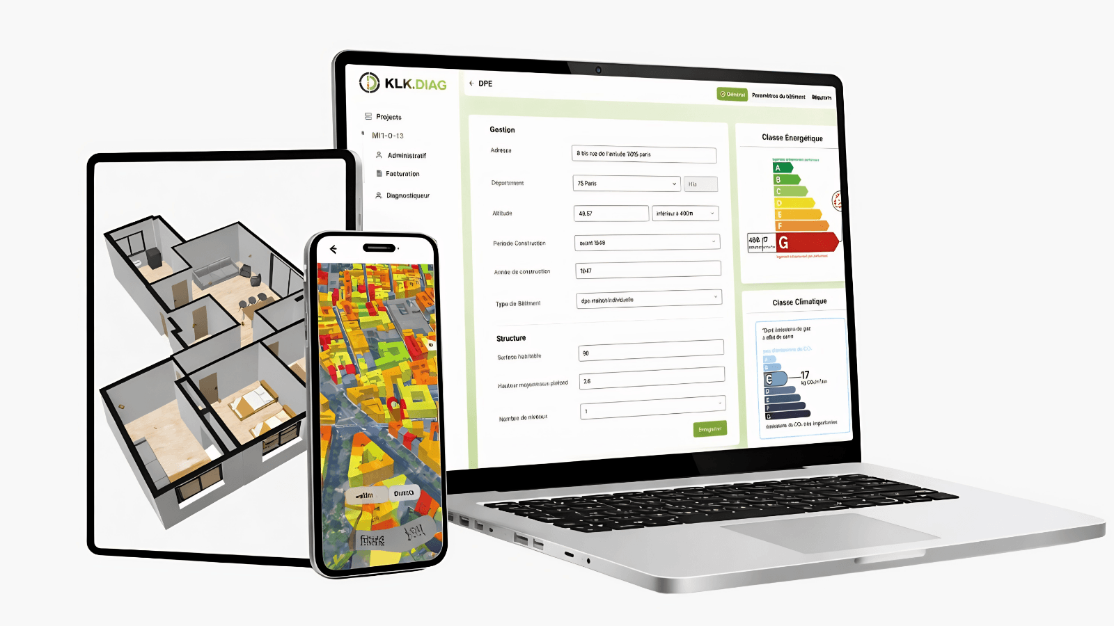 KLK.Diag on laptop, tablet, and smartphone: data management, 3D floor plan, and thermal map.